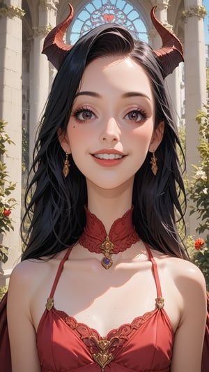 1girl, solo, black hair, succubus, girl with succubus wings, face makeup, Flat chest, girl dressed in a white, ball gown, walk in the garden, smile face, ((close up face)), (girl sniff flowers), score_9, score_8_up, score_7_up, Masterpiece, extremely_detailed, detailed face, detailed eyes, background castle garden, source_anime, ratatatat74 artstyle, disney pixar style, face shot, clouse up