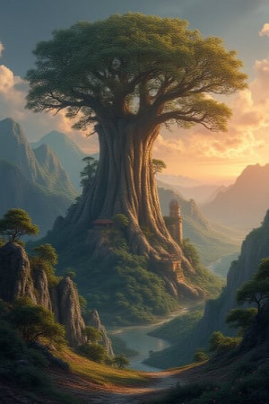 beautiful landscape of big tree in idr_rupiah style, castle, mountains, (orange light)