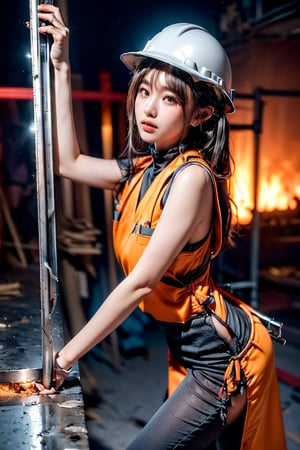 ((Young taiwanese Female wearing safety vest without clothes and biting a thick curved steel bar in construction site)), ((safety helmet and vest )),(((biting a thick curved bended steel bar, and the bar is broken ))),Exquisite details and textures, cinematic shot, Warm tone, wide shot , ,laoliang 