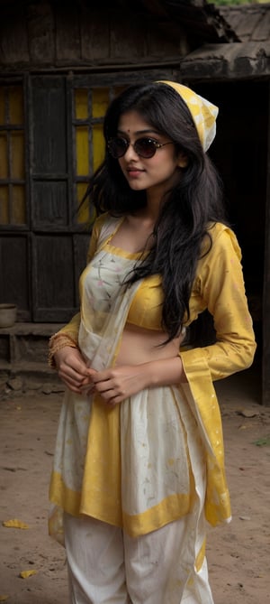 Lovely cute young attractive indian  girl, 20 years old, cute long black_hair,  black  hair,  They are wearing a  pink , patterned yellow kurta and yellow salwar, black sunglass , white shoes. village farm,Indian tradition