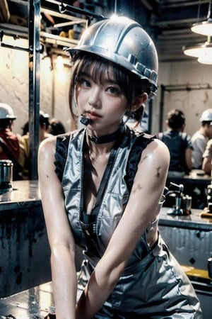 ((Young taiwanese Female wearing safety vest without clothes and biting a thick curved steel bar in construction site)), ((safety helmet and vest )),(((biting a thick curved bended steel bar, and the bar is broken ))),Exquisite details and textures, cinematic shot, Warm tone, wide shot , ,laoliang ,Realistic