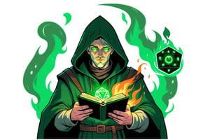 Wizard, a brutal man, glowing green eyes, full lips, small chin, a hooked nose, dark green hood, in his hand a magical green fire with an icosahedron, holding an ancient large black book, 2D comic style