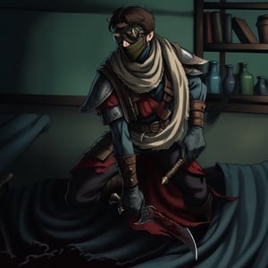 an assassin wearing a mask with aviator glasses with a scarf and leather armor, holding a bloody dagger in his hands, a dark room, a closet in the background, 2D comic style