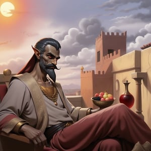 an ancient Roman rich house, a dark elf sitting in an armchair on the balcony, grey skin, red eyes, black beard, oriental clothes, merchant, mustache, a golden bowl of wine and a rich bowl of fruit, grey sky and black clouds, a sandstorm, the red sun is blinding, 2d comic style