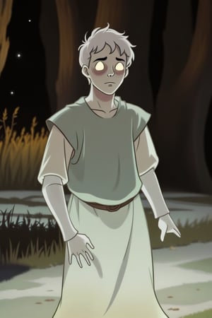 Ghost boy in the night field, medieval clothes, 2D comic style