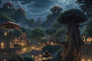 the balcony of a rich house, overlooking the night fantasy city, giant tree mushrooms, night, 2d comic style