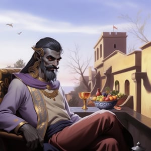 an ancient Roman rich house, a dark elf sitting in an armchair on the balcony, grey skin, red eyes, black beard, oriental clothes, merchant, mustache, a golden bowl of wine and a rich bowl of fruit, sunset, 2d comic style