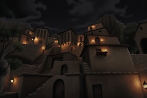 medieval Greek city at night, clay houses, fantasy, 2d comic style