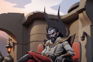 Rich oriental house, a dark elf sitting on a chair, grey skin, red eyes, black beard, oriental clothes, merchant, mustache, guards in bone armor, sunset, 2d comic style