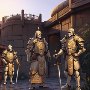 Rich oriental house, guards in bone armor, sunset, 2d comic style