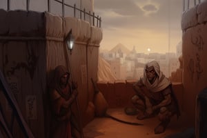 the dark elf rogue is squatting by him gray skin and red eyes, a man leaned back against the wall, there are wanted notices on the walls, ancient persian city, sandstorm, fantasy, 2d comic style