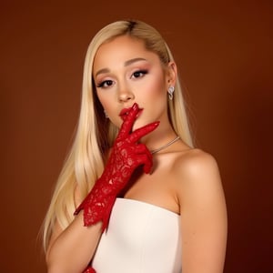 arianagrande 2024 style blonde with a down hairstyle, in a photoshoot with brown bakcground with a white dress and red lace gloves ,Ariana Grande