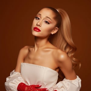 arianagrande 2024 style blonde with a down hairstyle, in a photoshoot with brown bakcground with a white dress and red lace gloves ,Ariana Grande