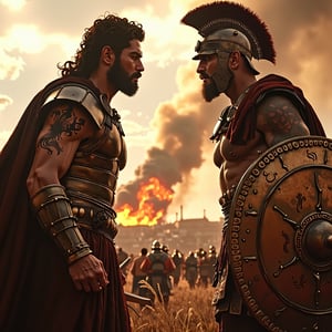 Héctor, Aquiles, Intense face-off between two warriors, Ancient Greece, Bronze armor and shields, Plains of Troy, Héctor defiantly challenges Aquiles, Burning city of Troy in the distance, Close-up, Hyper-realistic, Photo realism, Cinematography