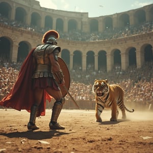 a man in a gladiator armor is seen in front of a tiger. The man in the armor is holding a shield in his right hand and a sword in his left hand fighting against. The tiger is facing the gladiator. In the background, a large crowd of people can be seen sitting in the colosseum bleachers.layered  scenes, washed-out minimal photographed by a cross between Arthur Elgort in colour and Annie Leibovitz Use cinematic techniques and shot on a 25mm lens, achieve a depth of field with tilt blur, experimental cinematography