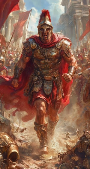 a spartan in full battle gear running in the field, in the style of crimson and bronze, detailed crowd scenes, massurrealism, monsù desiderio, grandiose architecture, strong facial expression, pigeoncore --ar 1:2 --stylize 750