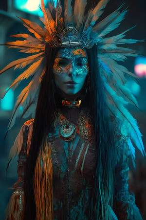 Beautiful woman, in cyberpunk-inspired traditional Native American costume, ornate headdress with mechanized steel eagle wings, integrated LED lights, and holographic projection,A fringed leather dress with smooth metallic panels and circuitry, Turquoise and silver jewelry is reinterpreted with sparkling neon accents. A high-tech boot meets moccasin with an interactive display,Intricate beadwork patterns have been replaced with flowing lines of light,Face paint designs created using bioluminescent nanopigments,ek_art_b00ster