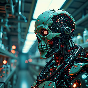 Cyberpunk, sci-fi, dark-fantasy, kodak portrait 400, 8k, soft light, volumetric lighting, highly detailed, britt marling style 3/4, portrait photo of a war man cyborg robot in a chemical laboratory + face, face is skullbone with scares, intricate, elegant, highly detailed, devil-armor, 2D motifs detailed dark fantasy digital painting, artstation, concept art, smooth, sharp focus, illustration, art by Otomo Katsuhiro and Shirō Masamune and Oshii Mamoru. Cosmic light in backfront