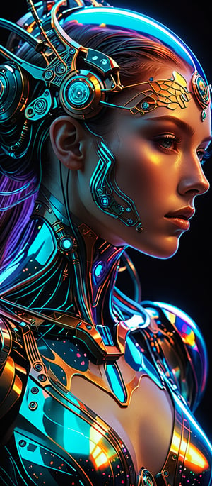 In this mesmerizing depiction, envision a psychedelic organic cyborg encapsulated in holographic plastic, illuminated by dramatic lighting. The fantasy-inspired composition is marked by intricate details, exuding an elegant and highly-detailed lifelike quality. Employing photorealistic techniques through digital painting, the artwork achieves a smooth and sharp focus, inviting viewers into a captivating realm of creativity. Drawing inspiration from the artistic mastery of John Collier, Albert Aublet, Krenz Cushart, Artem Demura, and Alphonse Mucha, this piece transcends conventional boundaries. The captivating interplay of elements such as holographic textures, dramatic lighting, and the fusion of organic and cybernetic components creates a visual symphony that stands out on platforms like ArtStation. The result is an illustration that seamlessly blends the ethereal with the technological, capturing the essence of the artists' collective brilliance