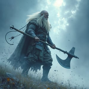 Viking Warrior with axe captured in a moment of Temporal Flux, where past, present, and future converge. Use a palette of sky blue and white to highlight the temporal distortions and ethereal timelines