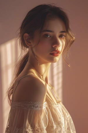 A young woman with a fit physique is wearing a see-through nightgown. The gown has a back strap and slightly exposes her sides. She stands in a bedroom with soft lighting and looks directly at the camera. Her eyes are bright and full of mystery. Her skin is smooth and healthy.upscale18k3d.