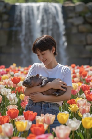 In a breathtakingly detailed masterpiece, a stunning young woman ((slim body)) with luscious dark brown pixie cut hair and radiant skin dons a crisp white T-shirt and high-waisted jeans. Her joyful expression shines as she playfully cradles a chubby baby hippo amidst a vibrant tulip garden, the soft petals gently swaying in the breeze. The majestic waterfall cascading down the stone wall behind her creates a serene ambiance, with sunlight dancing across the misty veil, illuminating the entire scene in breathtaking high resolution. key light, lim light.,upscale18k3d.