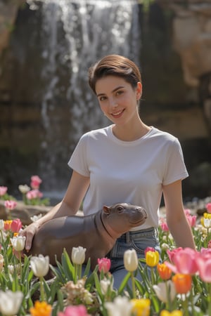 In a breathtakingly detailed masterpiece, a stunning young woman ((slim body)) with luscious dark brown pixie cut hair and radiant skin dons a crisp white T-shirt and high-waisted jeans. Her joyful expression shines as she playfully cradles a chubby baby hippo amidst a vibrant tulip garden, the soft petals gently swaying in the breeze. The majestic waterfall cascading down the stone wall behind her creates a serene ambiance, with sunlight dancing across the misty veil, illuminating the entire scene in breathtaking high resolution. key light, lim light.,upscale18k3d.