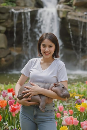 In a breathtakingly detailed masterpiece, a stunning young woman ((slim body)) with luscious dark brown pixie cut hair and radiant skin dons a crisp white T-shirt and high-waisted jeans. Her joyful expression shines as she playfully cradles a chubby baby hippo amidst a vibrant tulip garden, the soft petals gently swaying in the breeze. The majestic waterfall cascading down the stone wall behind her creates a serene ambiance, with sunlight dancing across the misty veil, illuminating the entire scene in breathtaking high resolution. key light, lim light.,upscale18k3d.