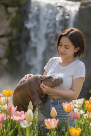 In a breathtakingly detailed masterpiece, a stunning young woman with luscious dark brown pixie cut hair and radiant skin dons a crisp white T-shirt and high-waisted jeans. Her joyful expression shines as she playfully cradles a chubby baby hippo amidst a vibrant tulip garden, the soft petals gently swaying in the breeze. The majestic waterfall cascading down the stone wall behind her creates a serene ambiance, with sunlight dancing across the misty veil, illuminating the entire scene in breathtaking high resolution. key light, lim light.,upscale18k3d.