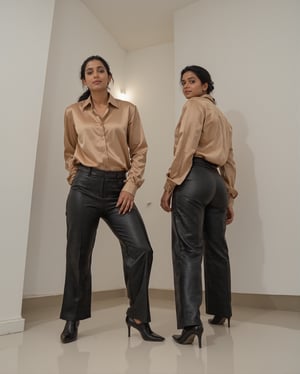 Candid pose of an indian office secretary lady wearing shiny satin shirt and leather black shiny trousers, in an office room. She is professional with her shirt and trousers well ironed along with her well polished formal shoes.
Her picture is taken in two views one form front and other from back.