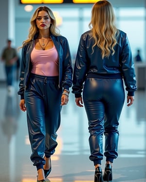 Image of a curvy and slightly muscular Indo-Arab Ethnic Woman in two frames
First frame shows her full front shot, walking towards camera.
Second frame shows her full back shot, walking away from camera.
She has natural red lips, blonde hair.
Blue eyes.
She wears tight, dark blue, super-tight leather drawstring shiny joggers, the tight joggers cover her busty back.
She wears pink tight satin top. The tight satin top cover her busty chest, and waist. She also wear a tight dark blue shiny leather pilot jacket. Her busty back accentuated by the tight leather joggers is visible in second frame. She wears well expensive heeled shoes.
Blurred background of an airport strip, with just her, while her image in both frames remains clear.

No distorted eyes, no incomplete nose, no distorted lips or nose. NO NUDITY. ONLY SAFE TO DISPLAY IMAGES.