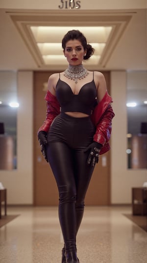 In an opulent office room, a boss lady exudes authority and elegance. Her hair, styled in a sleek low bun, is deep black with a glossy finish. Her sharp brown eyes convey focus and power, complemented by bold red lips. She wears a posh, tailored black satin top, tucked into high-waisted black leather trousers, enhancing her hourglass shape. A sleek glossy crimson red leather jacket, knuckle gloves, kne high boots, gothic silver ornaments. The backdrop is a modern, luxurious office, adorned with high-end furnishings, bright lighting, and floor-to-ceiling windows that overlook a sprawling cityscape. The image shows her from front.