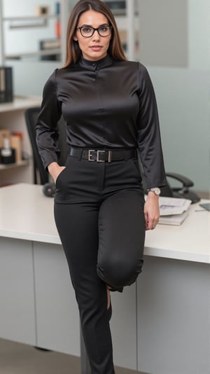 The office secretary exudes elegance in her professional attire, consisting of satin, shiny black trousers that drape smoothly and a lustrous, form-fitting satin top. Her sleek black leather belt cinches her waist, complementing her polished black leather heels that add height and poise. A stainless-steel watch rests on her wrist, and she wears stylish eyeglasses that enhance her professional demeanor. Her maintenance includes ensuring her outfit is perfectly pressed, without any wrinkles, and her shoes and belt are polished for a pristine appearance.

Her background is a modern, sleek office with clean lines, glass partitions, and elegant furniture, conveying a corporate yet stylish setting. Neatly organized files and a minimalist desk add to the professional atmosphere, enhancing her role as a meticulous, detail-oriented secretary.