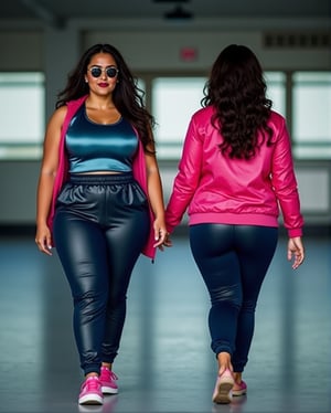 Image of a curvy and slightly muscular Indo-Arab Ethnic Woman in two frames
First frame shows her full front shot, walking towards camera.
Second frame shows her full back shot, walking away from camera.
She has natural red lips, brunette hair, Police sunglasses.
She wears tight, dark blue, super-tight leather drawstring shiny joggers, the tight joggers cover her busty back.
She wears metallic blue tight satin top. The tight satin top cover her busty chest, and waist. She also wear a hot pink shiny leather bomber jacket. Her busty back accentuated by the tight leather joggers is visible in second frame. She wears well expensive Pink Addidas shoe.
Blurred background of an open gym, with just her, while her image in both frames remains clear.

No distorted eyes, no incomplete nose, no distorted lips or nose. NO NUDITY. ONLY SAFE TO DISPLAY IMAGES.