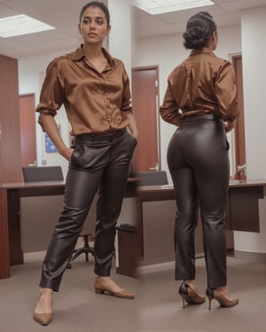 Candid pose of an indian office secretary lady wearing shiny satin shirt and leather black shiny trousers, in an office room. Her shirt and trousers well ironed gives her a professional look along with her well polished brown formal shoes.
Her picture is taken in two views one form front and other from back.