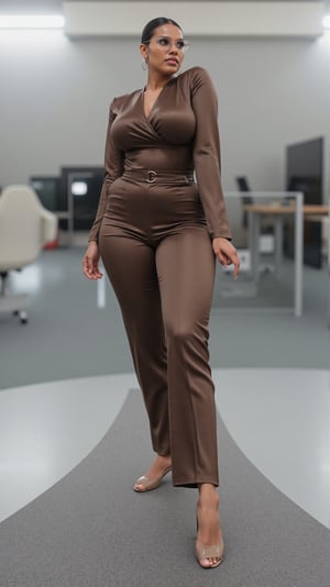 The office secretary exudes elegance in her professional attire, consisting of satin, shiny trousers that drape smoothly and a lustrous, form-fitting satin top. Her sleek leather belt cinches her waist, complementing her polished leather heels that add height and poise. A stainless-steel watch rests on her wrist, and she wears stylish eyeglasses that enhance her professional demeanor. Her maintenance includes ensuring her outfit is perfectly pressed, without any wrinkles, and her shoes and belt are polished for a pristine appearance.

Her background is a modern, sleek office with clean lines, glass partitions, and elegant furniture, conveying a corporate yet stylish setting. Neatly organized files and a minimalist desk add to the professional atmosphere, enhancing her role as a meticulous, detail-oriented secretary.