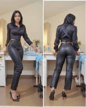 Candid pose of an indian office secretary lady wearing shiny form-fit satin shirt and leather black shiny trousers, in an office room. She is professional with her shirt and trousers well ironed along with her well polished formal shoes.
Her picture is taken in two views one form front and other from back.