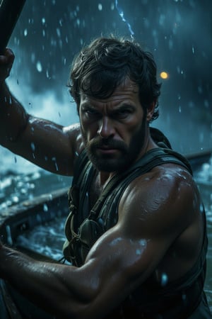 A gritty, close-up shot of a determined man's weathered face, brow furrowed and eyes squinting against the torrential rain as he clings to his boat, battling the fury of the thunderstorm. The camera captures every bead of sweat, every muscle strain, and every flash of lightning illuminating his desperate struggle.