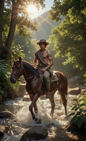 A young man clad in ancient hunter's garb navigates the wild river's edge, his horse's hooves splashing gently in the water. He wears a worn leather hat, and a flowing cloth wraps around his torso as he holds a machete at his side. The sun casts a warm glow on the scene, with lush greenery and ancient trees framing the composition. The man's determined gaze is focused on the path ahead, his horse by his side, as they make their way through the picturesque valley.