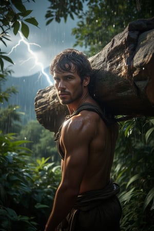 Magnify the rugged features of a muscular man, drenched in rain, as he shoulders a colossal log, clad in ancient attire. His determined gaze is illuminated by a ray of light amidst the tempestuous darkness. The foliage's shadows dance across his face, while the distant mountain range looms behind, punctuated by thunder and lightning. Frame the shot tight on the man's soaked profile, with the wood's massive girth and the stormy backdrop creating an imposing atmosphere.