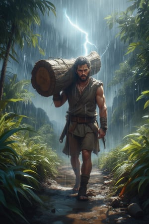 close up muscular man carrying a massive wood on his shoulder, wear an ancient clothing. pass through the heavy rain, very wet, walking on the small path at the hill, foliage's shadow fall on his face, ray of light, mountain background with thunder and lightning