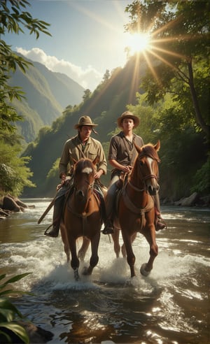 A young man, attired in ancient hunting garb, strides confidently alongside his majestic steed. Wearing a wide-brimmed hat and flowing cloth, he grasps a trusty machete at his side as they navigate the turbulent waters of the wild river. The sun casts a warm glow upon the scene, illuminating the lush valley landscape. The camera's gaze is framed by the riverbanks, emphasizing the duo's journey through the untamed wilderness.