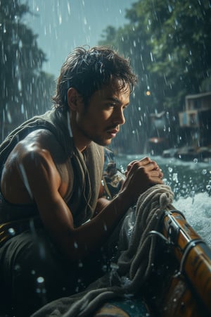 A close-up shot captures the determined expression on a man's face as he clings to his boat amidst a torrential thunderstorm. Ultra-wide framing showcases the chaotic atmosphere. A soaked cloth clings to his skin, while rain pounds down, creating miniature tidal waves that splash against the camera lens.