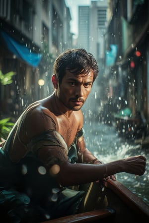 A close-up shot captures the determined expression on a man's face as he clings to his boat amidst a torrential thunderstorm. Ultra-wide framing showcases the chaotic atmosphere. A soaked cloth clings to his skin, while rain pounds down, creating miniature tidal waves that splash against the camera lens.