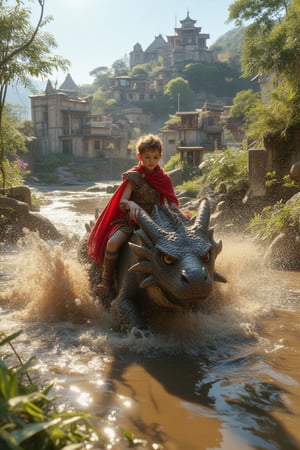 A young boy-warrior with red cape, adorned in tribal regalia, rides a majestic dragon as it gallops through a muddy puddle, creating a massive splash. The camera tilts from below, capturing the dynamic action from an unusual vantage point. Ancient houses perch atop a hill, framing the scene with rustic grandeur.