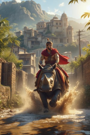 A young muscular man -warrior with red cape an hat, adorned in tribal regalia, rides a majestic armored Rhino as it gallops through a muddy puddle, creating a massive splash. The camera tilts from below, capturing the dynamic action from an unusual vantage point. Ancient houses perch atop a hill, framing the scene with rustic grandeur.