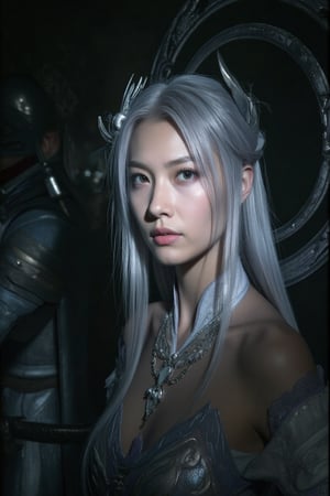 Close-up portrait of warrior princess, a White hair warrior girl illuminated by the soft glow of a flashlight, her features sharp and determined as she assumes a fighting stance. Her white ancient attire shines with a subtle sheen, adorned with a large circle decoration that floats behind her shoulders like a halo. In the dimly lit background, a group of masked armor warriors stand guard, their faces obscured by the shadows.,FLASH,perikecil