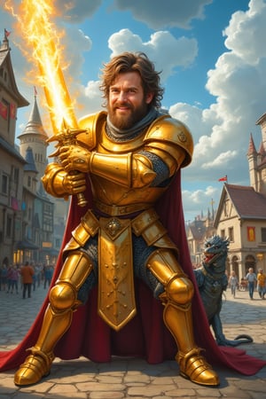 A digital cartoon art style illustration of a scruffy French knight in golden armor struggling to lift a large glowing sword that emits lightning. The knight has a confident expression, with reflective and shiny metal armor. A naughty little dragon playfully pulls the knight's cloak from behind, making the knight smile happily. The backdrop is a whimsical medieval village with crooked houses, colorful banners, and giggling villagers. The art style emphasizes humor, rounded features, and bright colors, while retaining the epic atmosphere of intricate armor and village details. The masterpiece captures the playful interaction between the knight and dragon, set against a vibrant and detailed village scene.