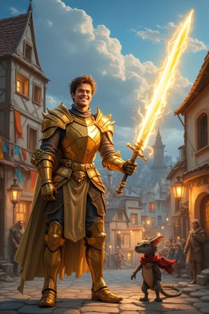 A digital cartoon art style illustration of a scruffy French knight in golden armor struggling to lift a large glowing sword that emits lightning. The knight has a confident expression, with reflective and shiny metal armor. A naughty little dragon playfully pulls the knight's cloak from behind, making the knight smile happily. The backdrop is a whimsical medieval village with crooked houses, colorful banners, and giggling villagers. The art style emphasizes humor, rounded features, and bright colors, while retaining the epic atmosphere of intricate armor and village details. The masterpiece captures the playful interaction between the knight and dragon, set against a vibrant and detailed village scene.