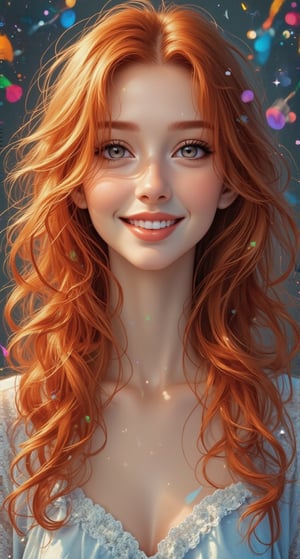 A beautiful and charming woman, she has beautiful long curly ginger hair and bright and beautiful eyes with long eyelashes. she smiles and feels happy. Anime style, various colors The combination of water, oil, pastel ink and exquisite hand-drawn sketches is like a real photo, light and shadow, this is a good photo.,Glass